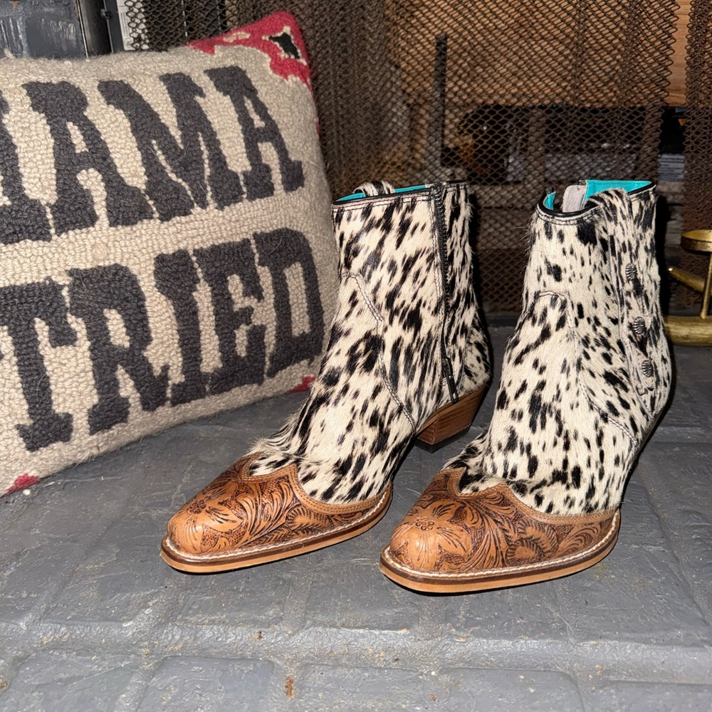 ❌SOLD❌ Myra Bag Spotted Cowhide and Tooled Leather Ankle Boots